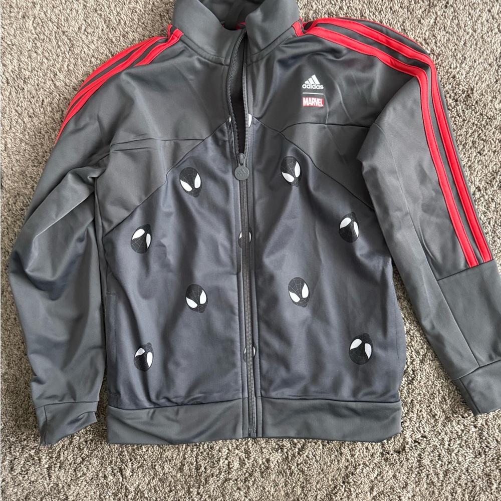 Adidas Marvel Spider-Man Kids Gray and Red Jacket/Pants Set with shirt